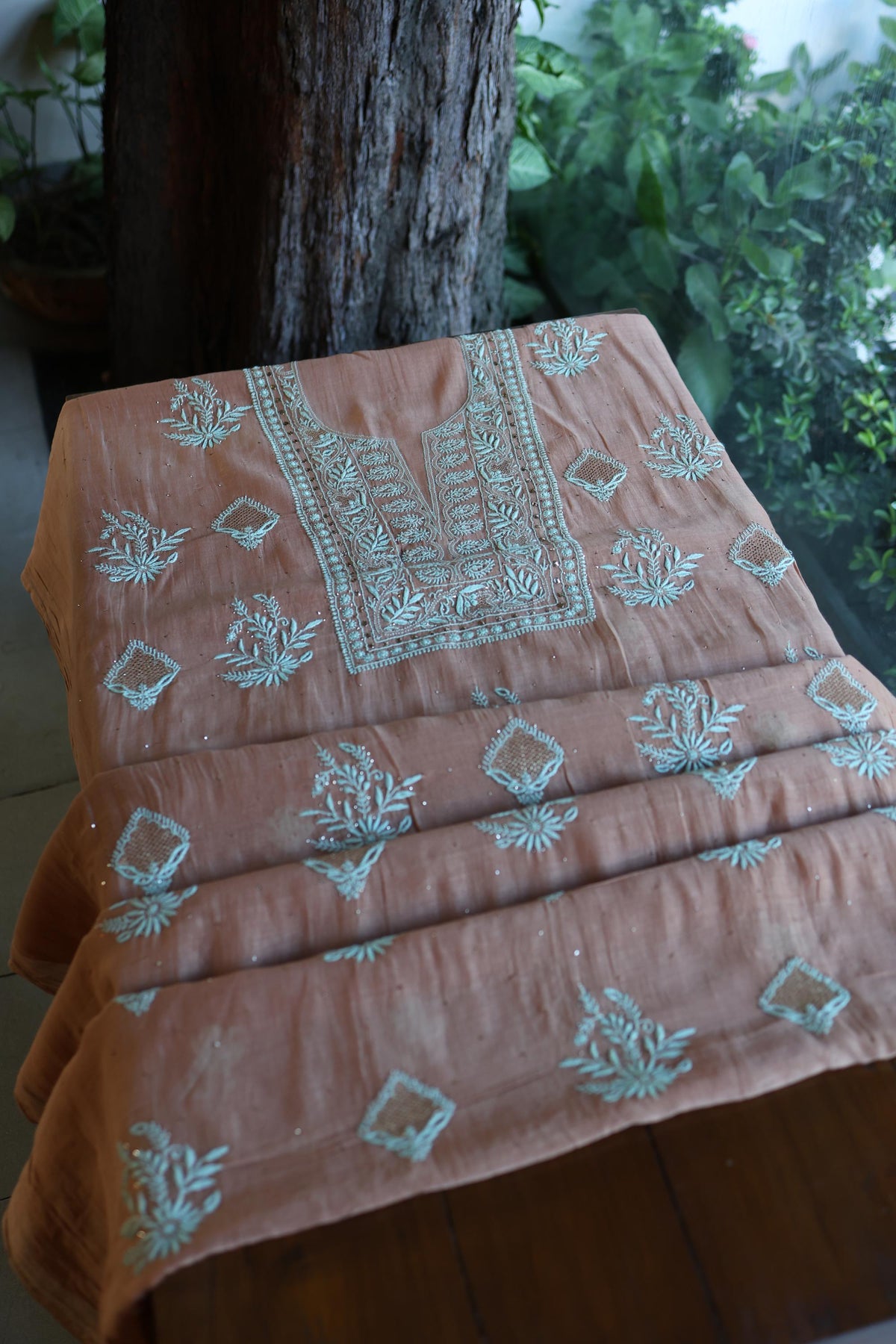 Almond Beige Shade Mal Cotton Fine Chikankari With Kamdani Work Unstitched Fabric