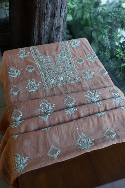 Almond Beige Shade Mal Cotton Fine Chikankari With Kamdani Work Unstitched Fabric