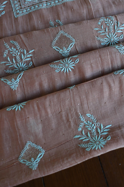 Almond Beige Shade Mal Cotton Fine Chikankari With Kamdani Work Unstitched Fabric