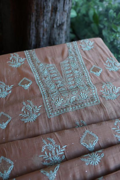 Almond Beige Shade Mal Cotton Fine Chikankari With Kamdani Work Unstitched Fabric