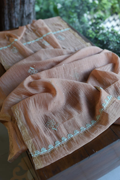Almond Beige Shade Mal Cotton Fine Chikankari With Kamdani Work Unstitched Fabric