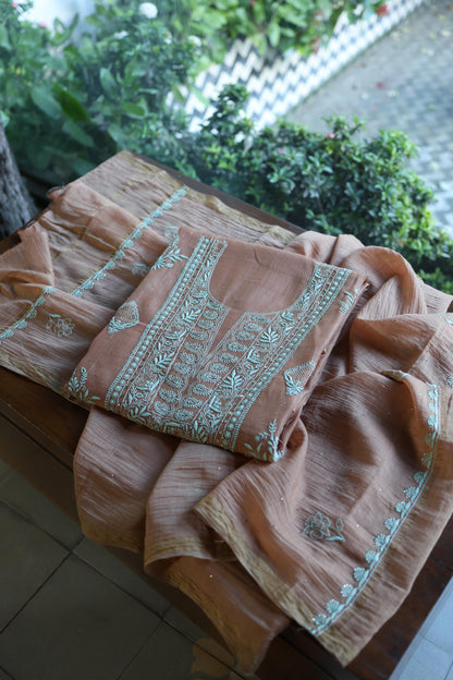 Almond Beige Shade Mal Cotton Fine Chikankari With Kamdani Work Unstitched Fabric