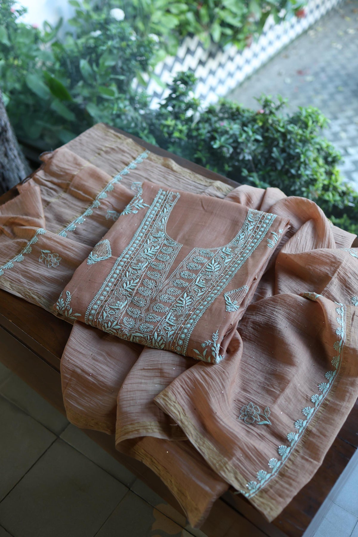 Almond Beige Shade Mal Cotton Fine Chikankari With Kamdani Work Unstitched Fabric