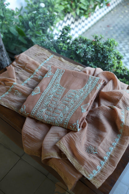 Almond Beige Shade Mal Cotton Fine Chikankari With Kamdani Work Unstitched Fabric