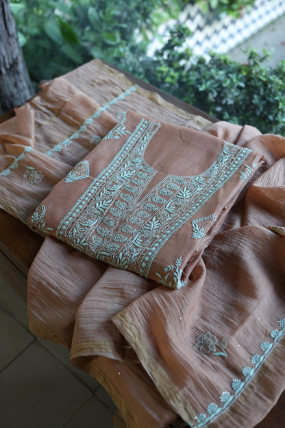 Almond Beige Shade Mal Cotton Fine Chikankari With Kamdani Work Unstitched Fabric