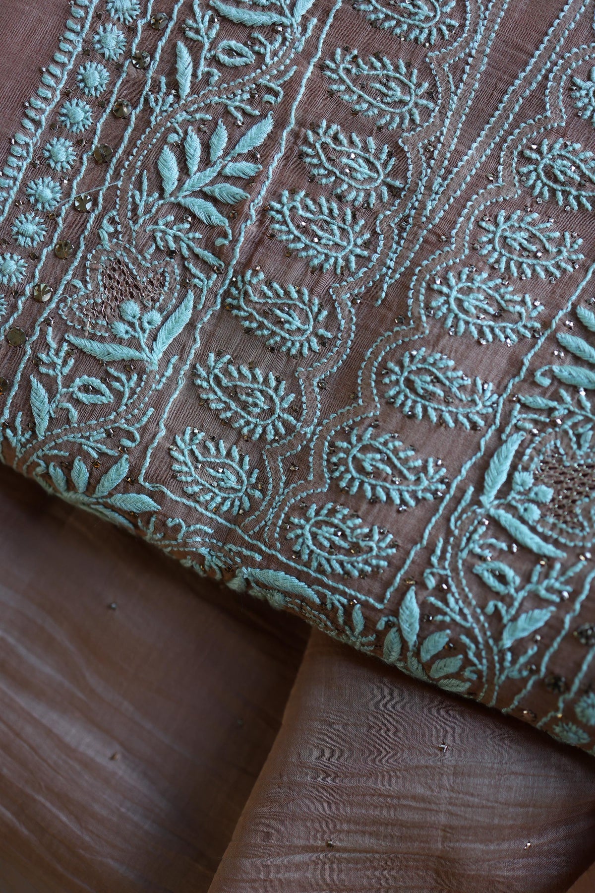 Almond Beige Shade Mal Cotton Fine Chikankari With Kamdani Work Unstitched Fabric