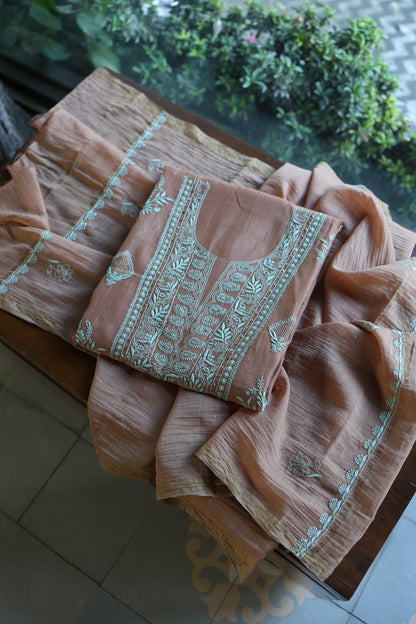Almond Beige Shade Mal Cotton Fine Chikankari With Kamdani Work Unstitched Fabric