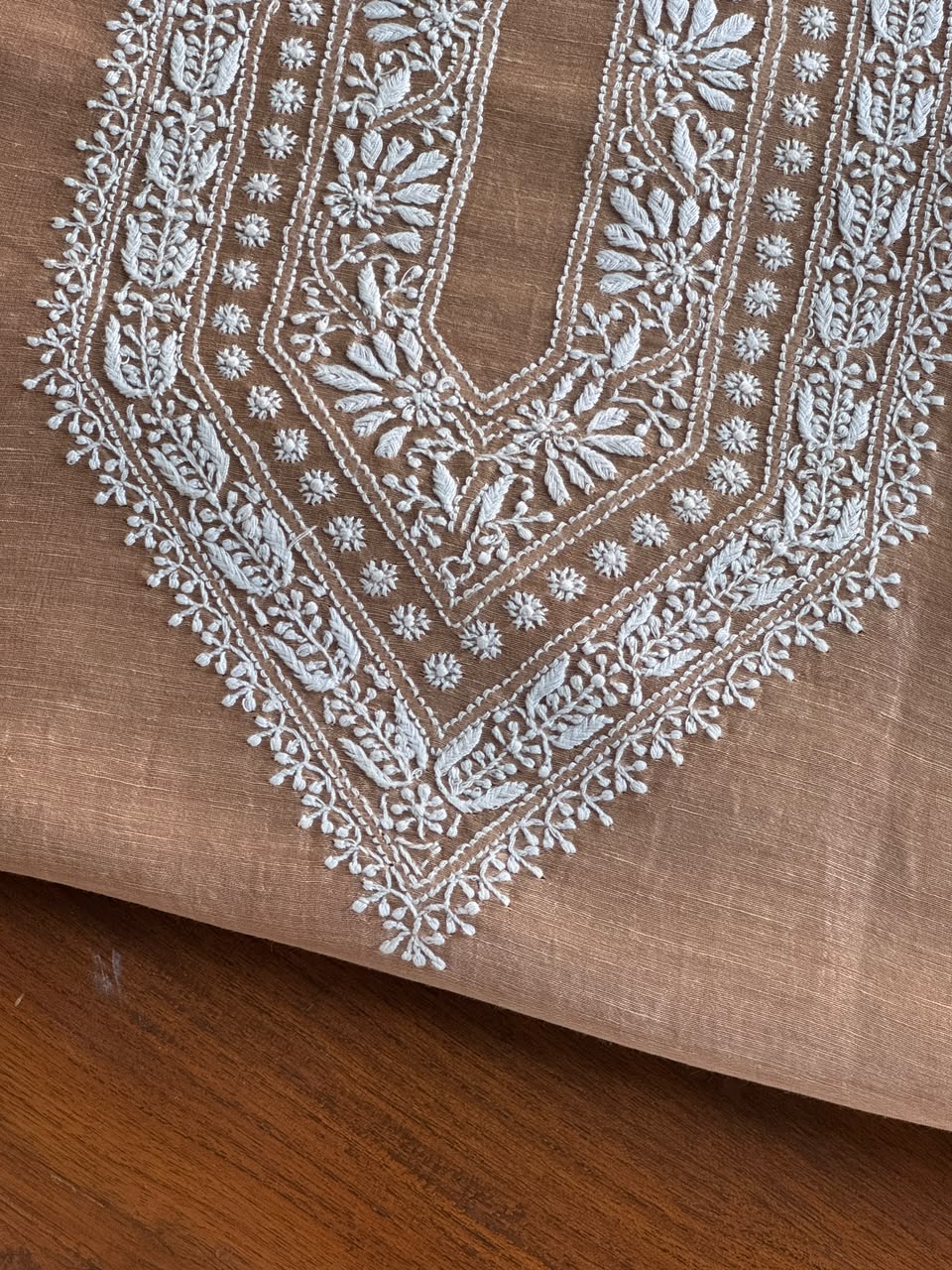 Almond Beige Linen Chikankari Unstitched Men's Kurta Fabric