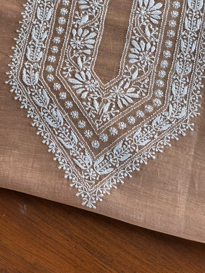 Almond Beige Linen Chikankari Unstitched Men's Kurta Fabric