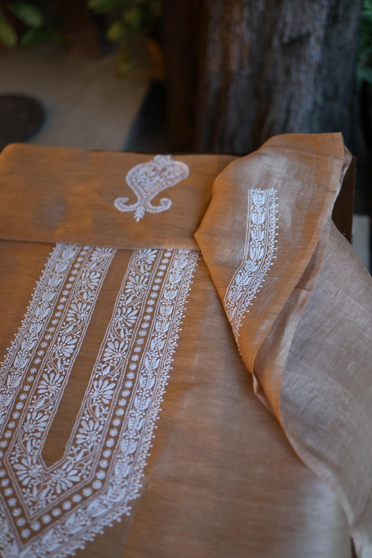 Almond Beige Linen Chikankari Unstitched Men's Kurta Fabric