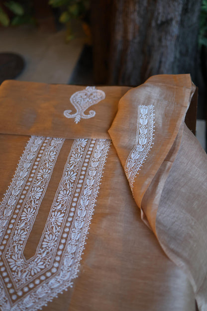 Almond Beige Linen Chikankari Unstitched Men's Kurta Fabric