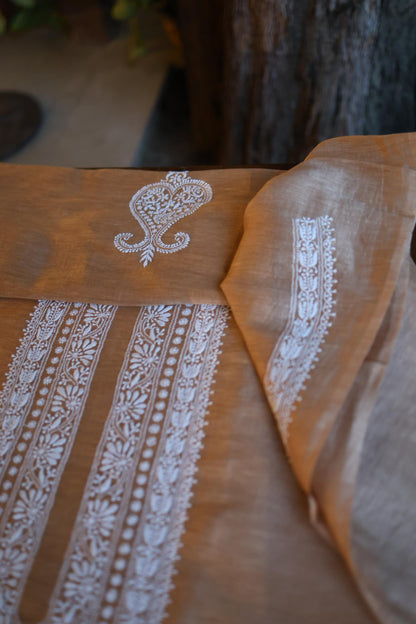 Almond Beige Linen Chikankari Unstitched Men's Kurta Fabric