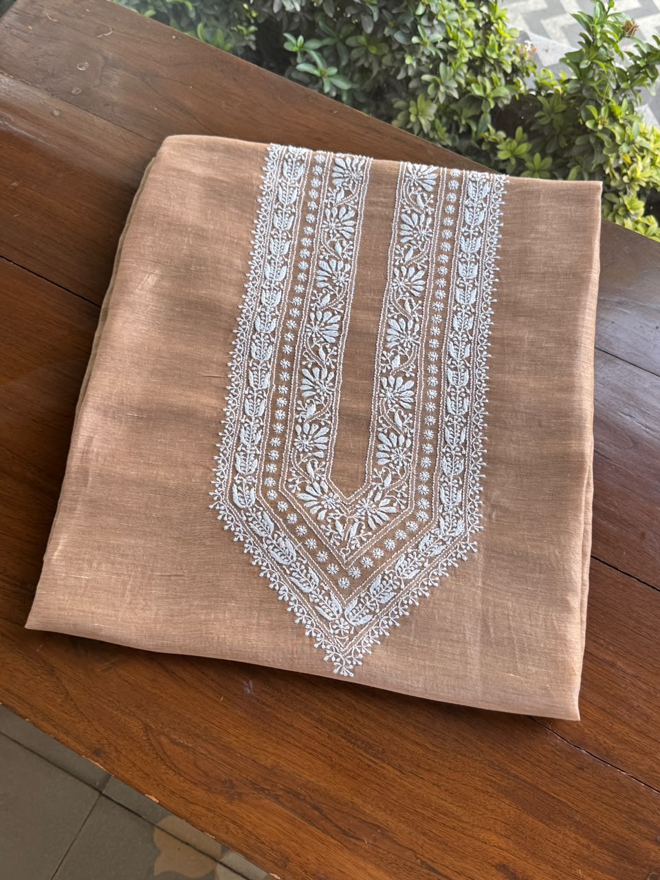 Almond Beige Linen Chikankari Unstitched Men's Kurta Fabric