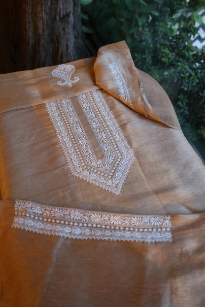 Almond Beige Linen Chikankari Unstitched Men's Kurta Fabric