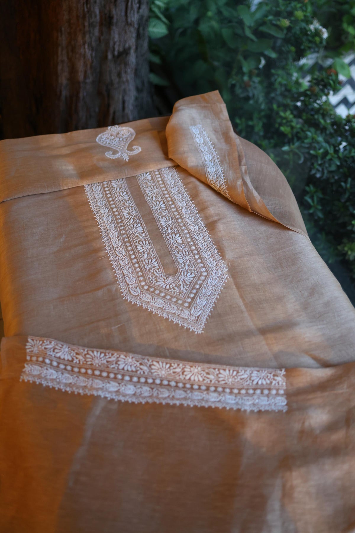Almond Beige Linen Chikankari Unstitched Men's Kurta Fabric