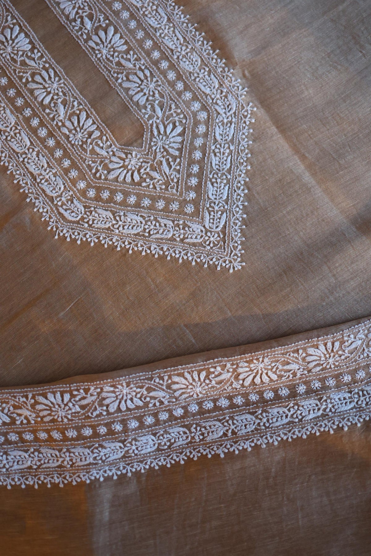 Almond Beige Linen Chikankari Unstitched Men's Kurta Fabric