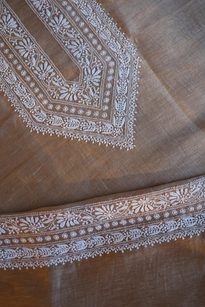 Almond Beige Linen Chikankari Unstitched Men's Kurta Fabric