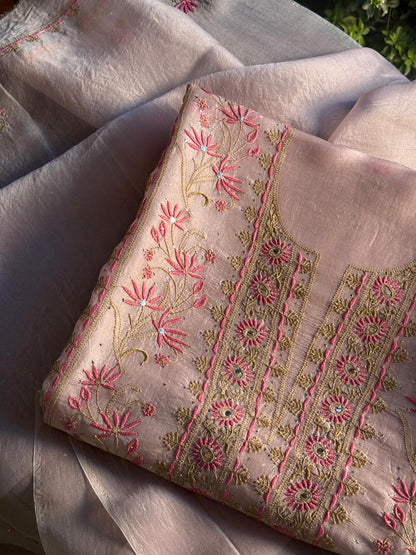 Almond Pink Shade Noor Organza Silk Chikankari Unstitched Fabric
