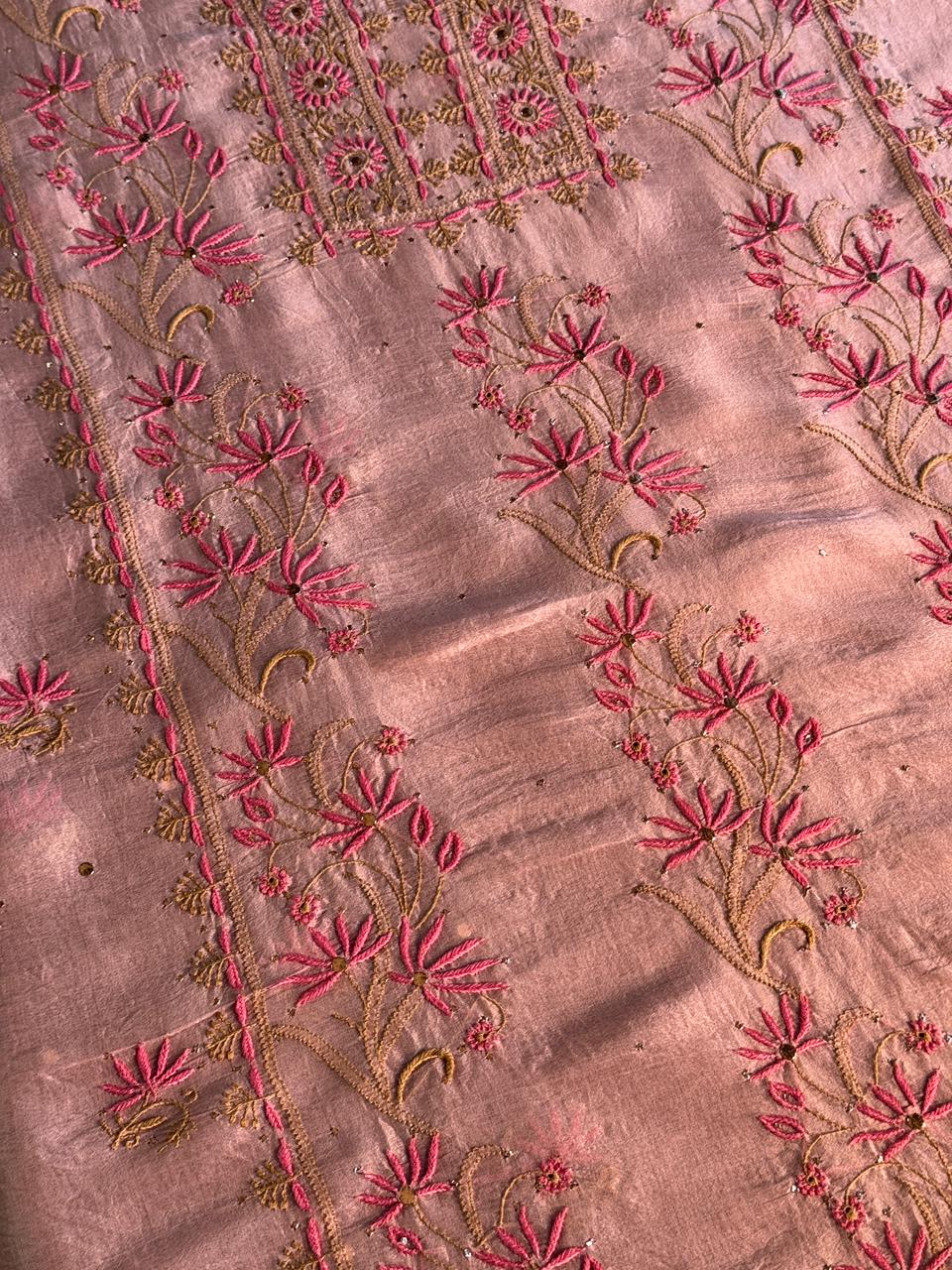 Almond Pink Shade Noor Organza Silk Chikankari Unstitched Fabric
