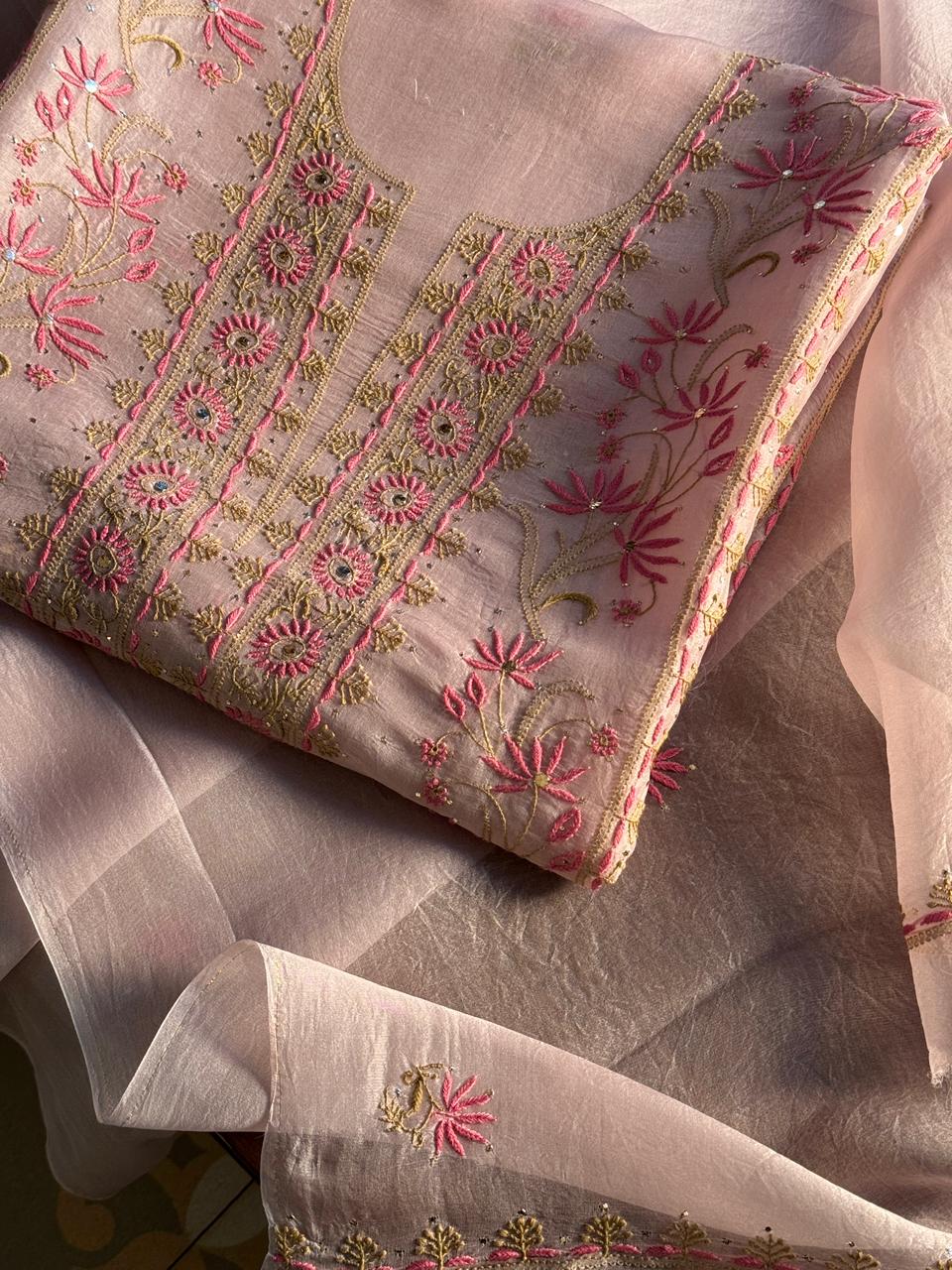 Almond Pink Shade Noor Organza Silk Chikankari Unstitched Fabric
