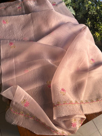 Almond Pink Shade Noor Organza Silk Chikankari Unstitched Fabric