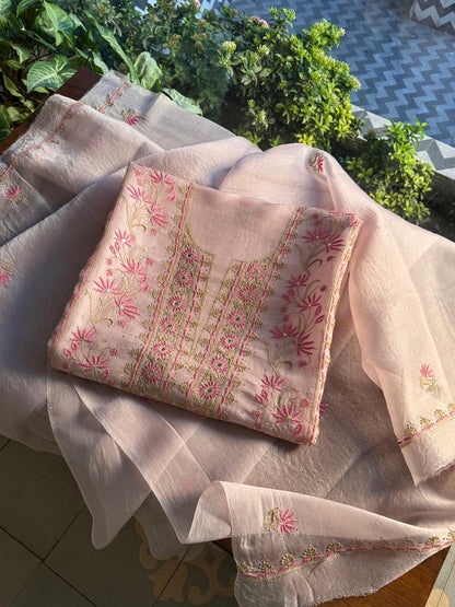 Almond Pink Shade Noor Organza Silk Chikankari Unstitched Fabric
