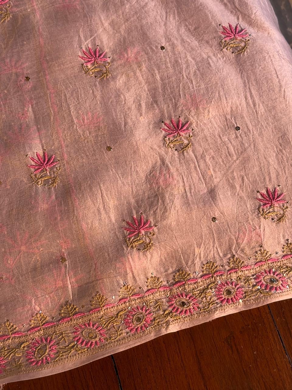 Almond Pink Shade Noor Organza Silk Chikankari Unstitched Fabric