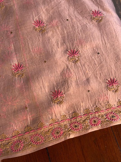 Almond Pink Shade Noor Organza Silk Chikankari Unstitched Fabric