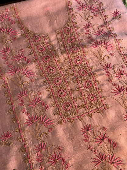 Almond Pink Shade Noor Organza Silk Chikankari Unstitched Fabric