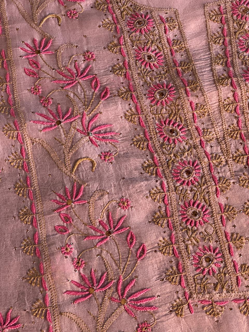 Almond Pink Shade Noor Organza Silk Chikankari Unstitched Fabric