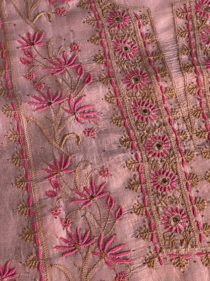 Almond Pink Shade Noor Organza Silk Chikankari Unstitched Fabric