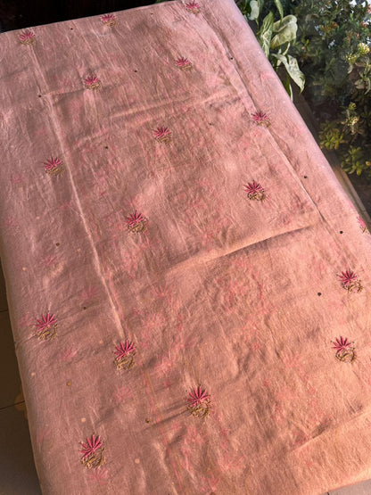 Almond Pink Shade Noor Organza Silk Chikankari Unstitched Fabric
