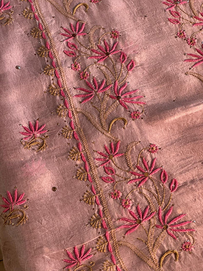 Almond Pink Shade Noor Organza Silk Chikankari Unstitched Fabric