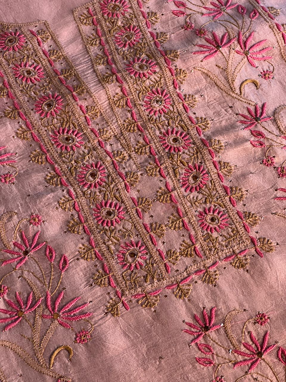 Almond Pink Shade Noor Organza Silk Chikankari Unstitched Fabric