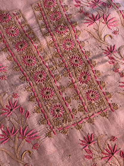 Almond Pink Shade Noor Organza Silk Chikankari Unstitched Fabric