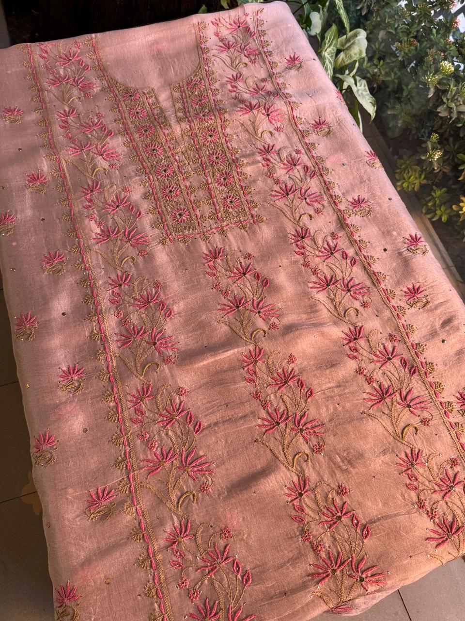 Almond Pink Shade Noor Organza Silk Chikankari Unstitched Fabric