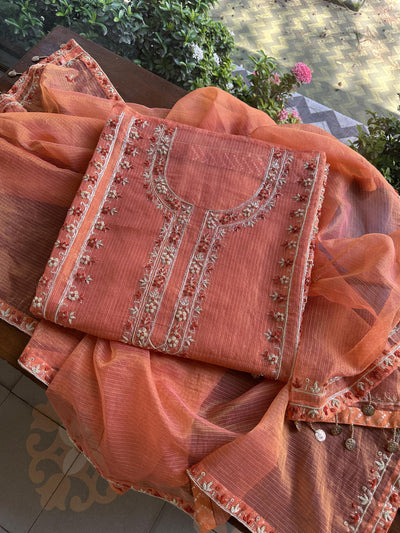 Apricot Peach Shade Shade Tissue Kota Chikankari Unstitched Fabric