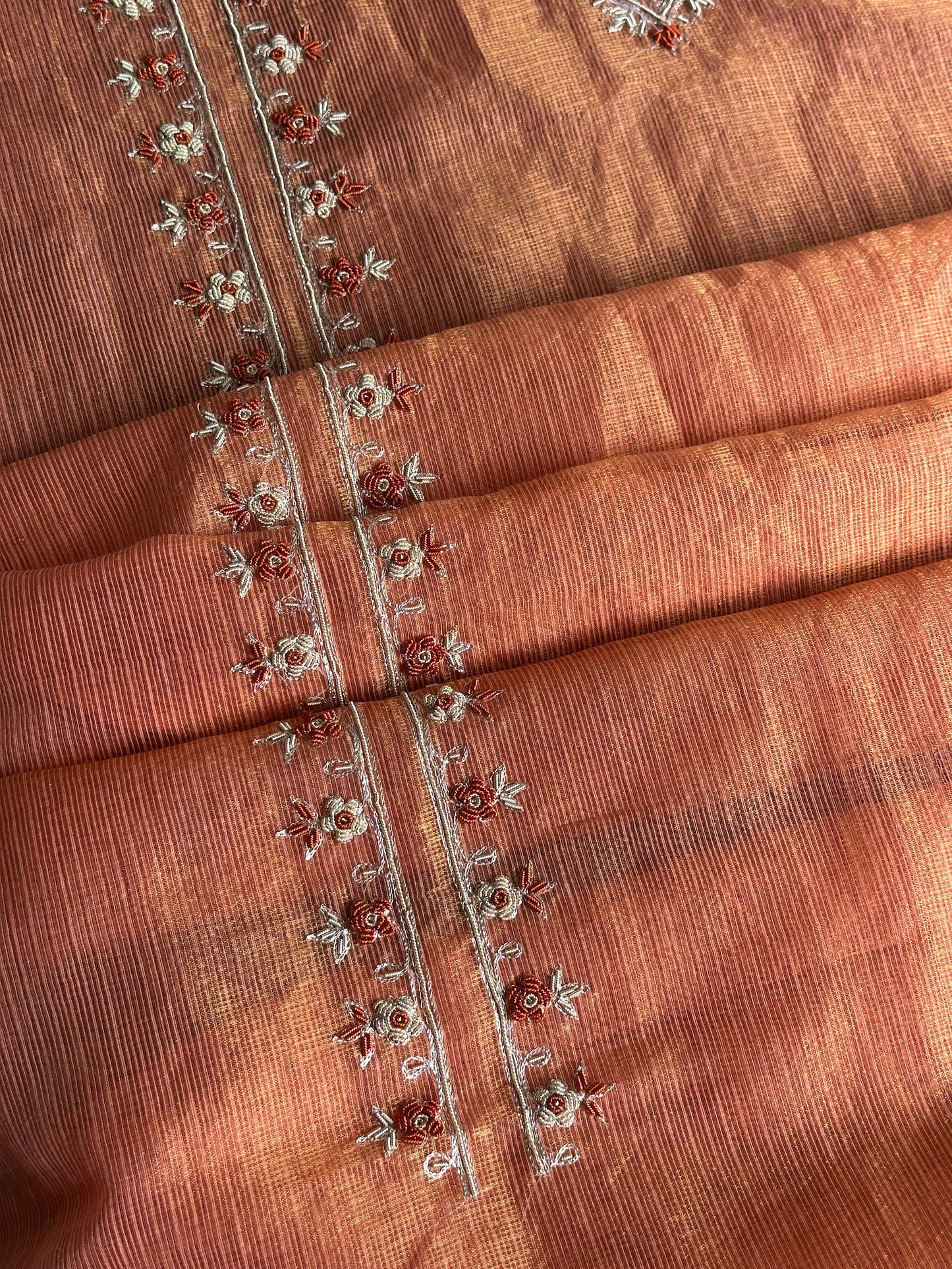 Apricot Peach Shade Shade Tissue Kota Chikankari Unstitched Fabric
