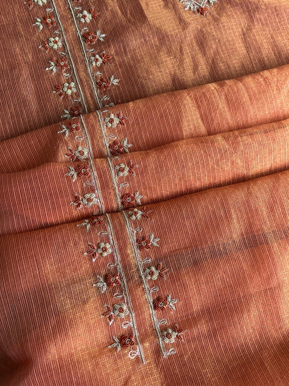 Apricot Peach Shade Shade Tissue Kota Chikankari Unstitched Fabric