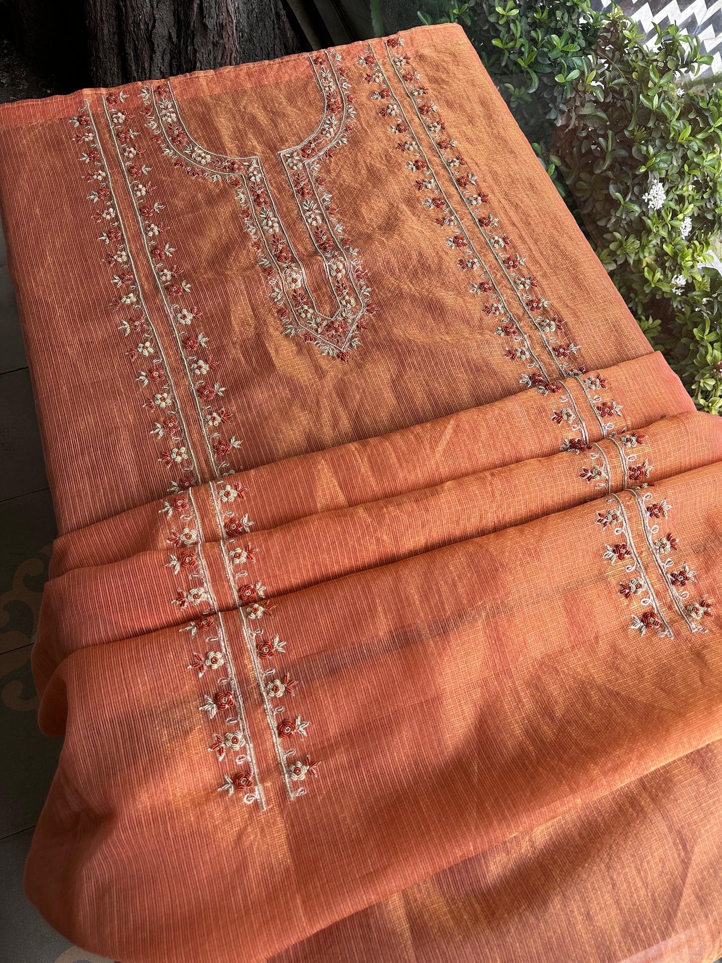 Apricot Peach Shade Shade Tissue Kota Chikankari Unstitched Fabric