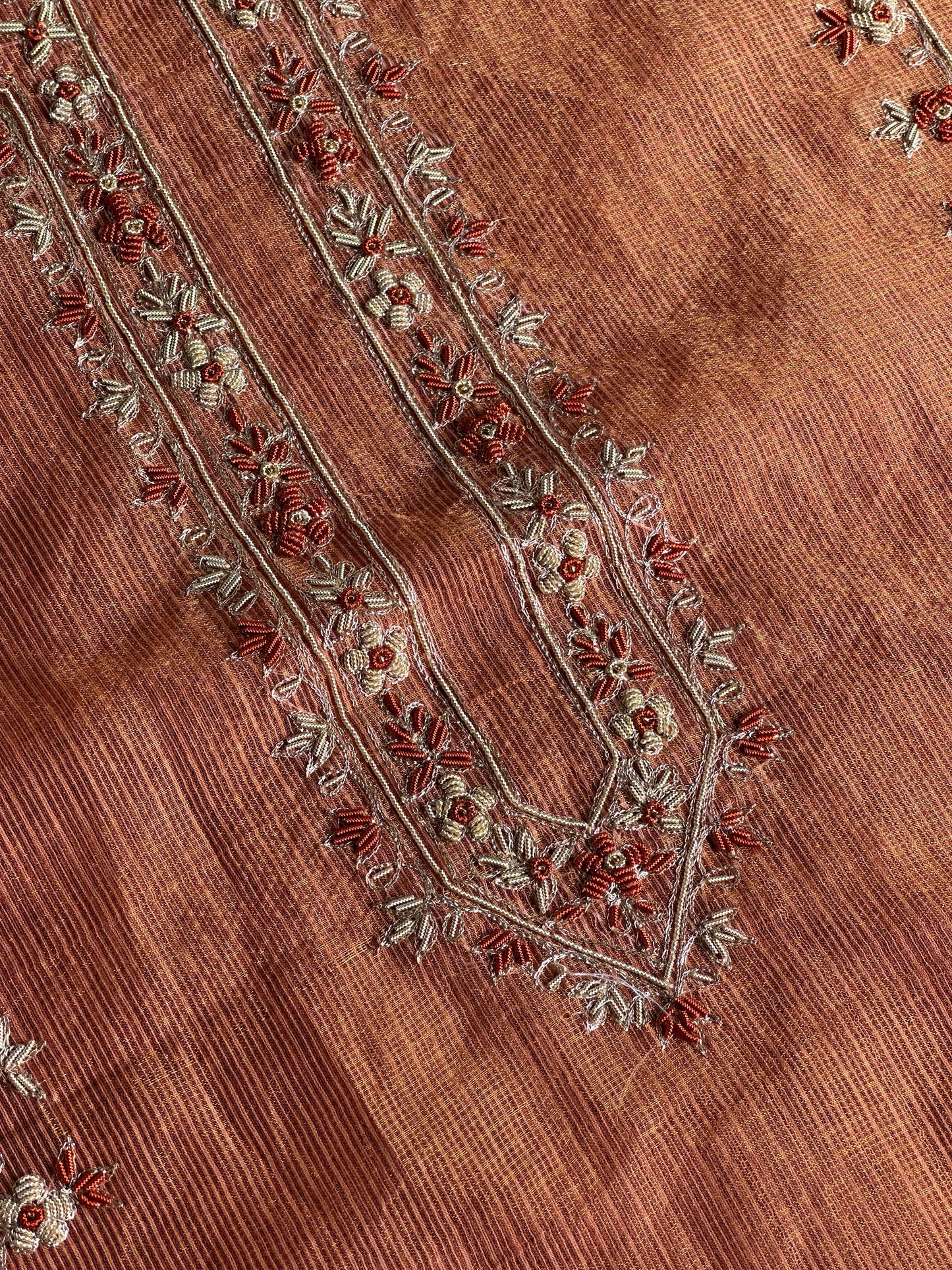 Apricot Peach Shade Shade Tissue Kota Chikankari Unstitched Fabric