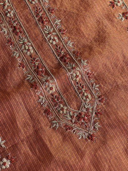 Apricot Peach Shade Shade Tissue Kota Chikankari Unstitched Fabric
