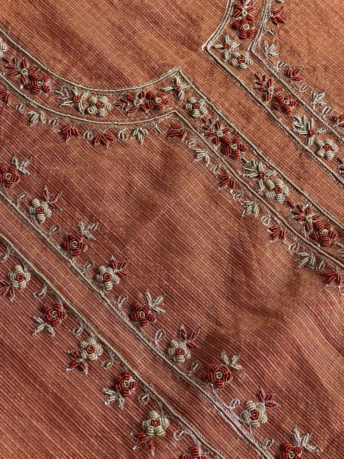 Apricot Peach Shade Shade Tissue Kota Chikankari Unstitched Fabric