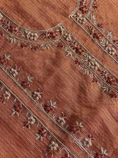 Apricot Peach Shade Shade Tissue Kota Chikankari Unstitched Fabric