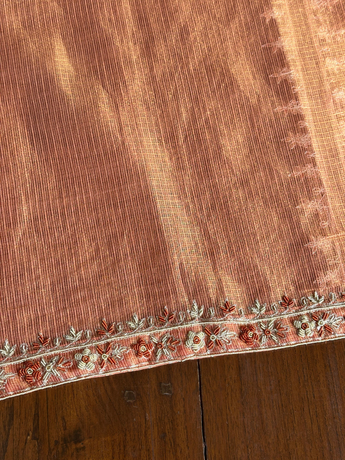 Apricot Peach Shade Shade Tissue Kota Chikankari Unstitched Fabric
