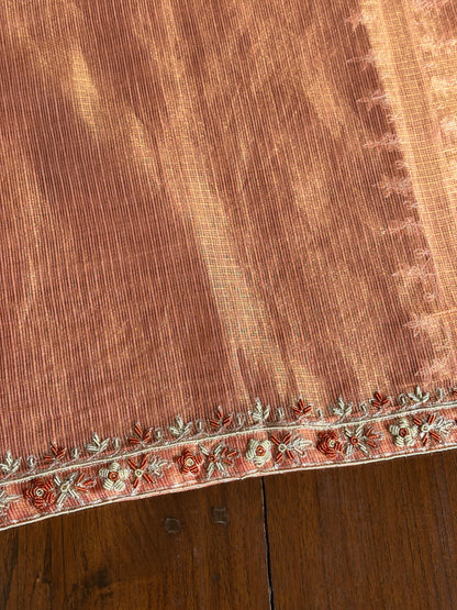 Apricot Peach Shade Shade Tissue Kota Chikankari Unstitched Fabric