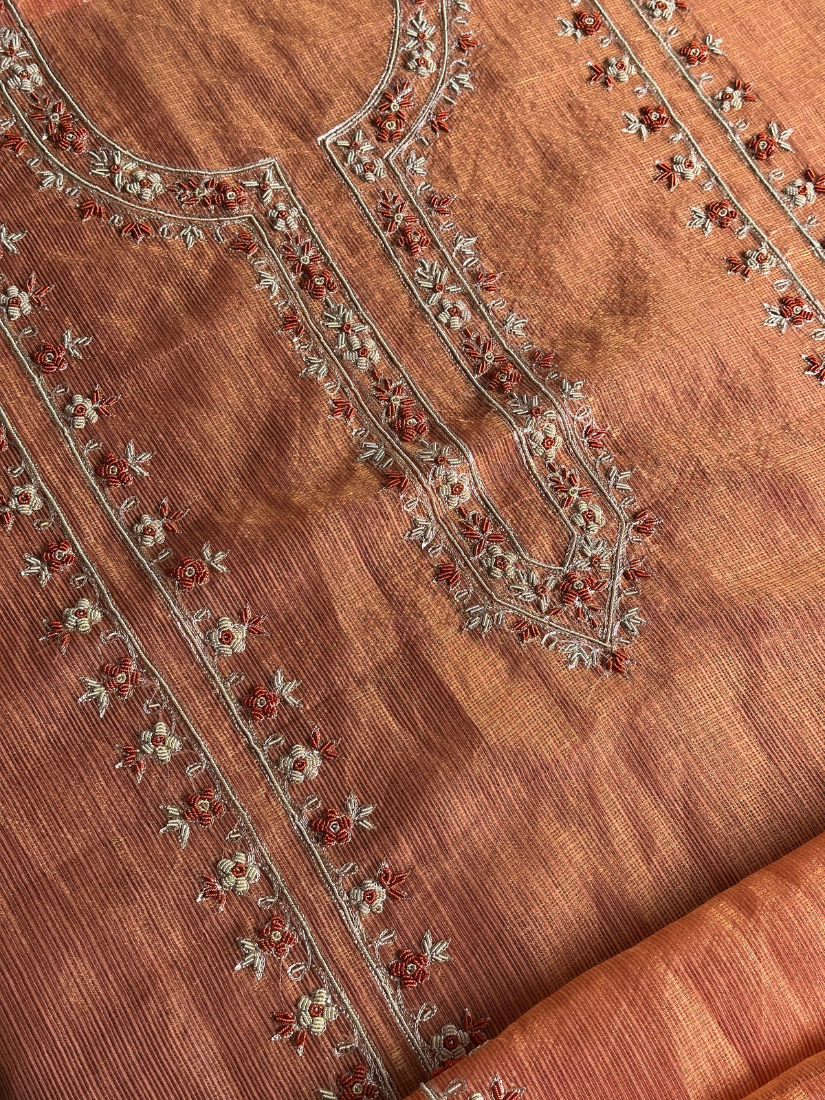 Apricot Peach Shade Shade Tissue Kota Chikankari Unstitched Fabric