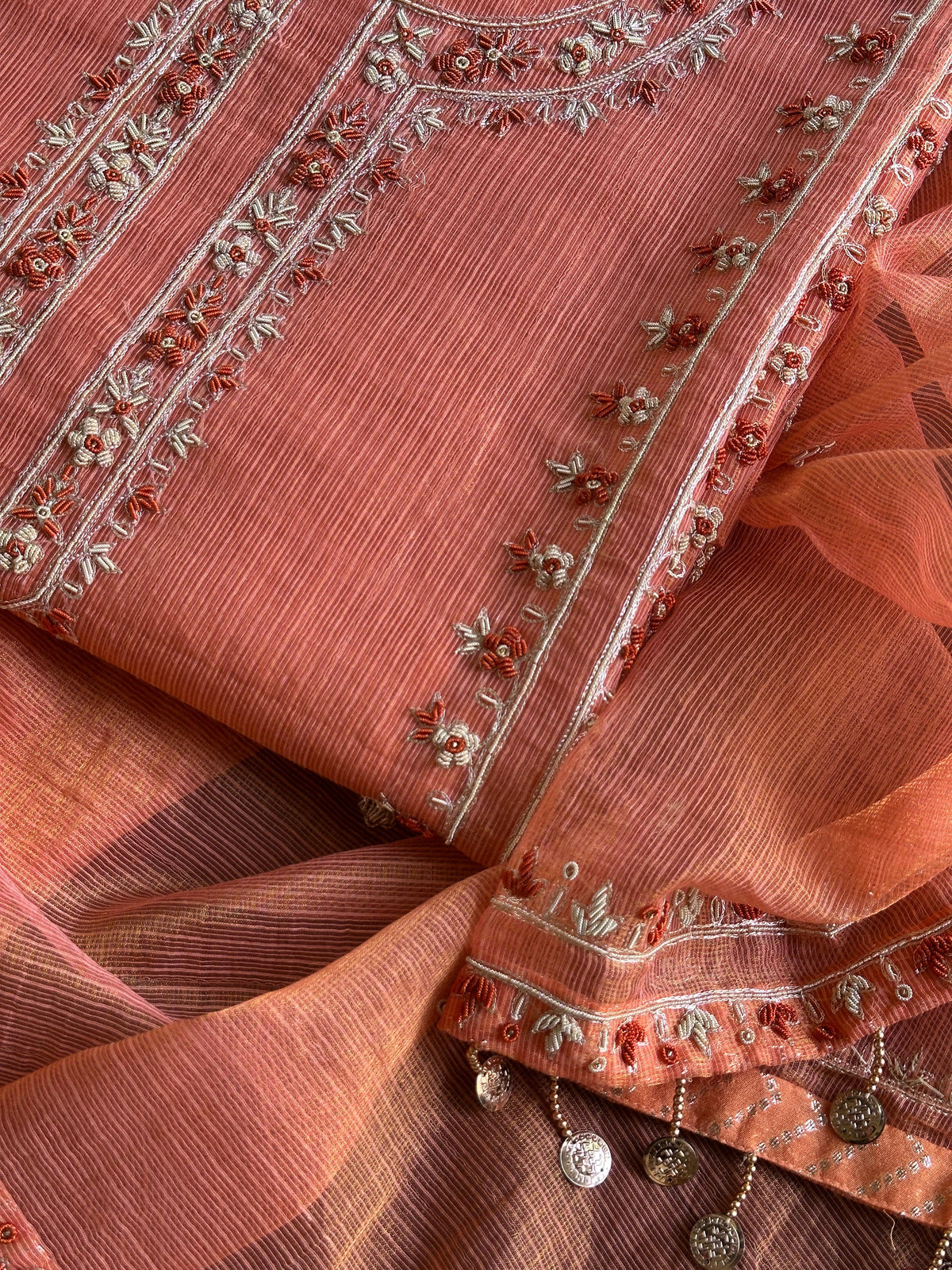 Apricot Peach Shade Shade Tissue Kota Chikankari Unstitched Fabric