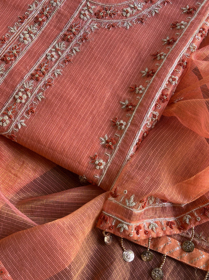 Apricot Peach Shade Shade Tissue Kota Chikankari Unstitched Fabric