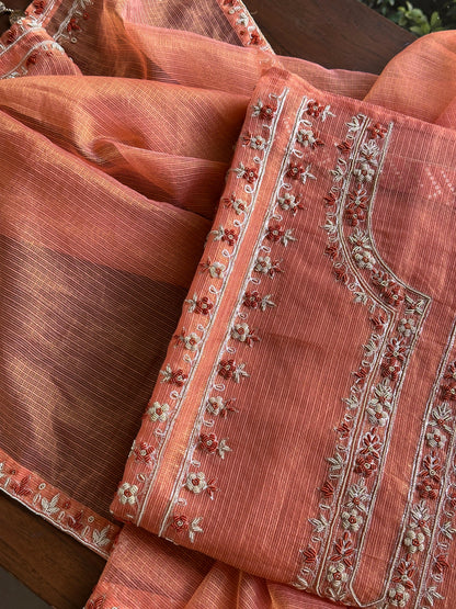 Apricot Peach Shade Shade Tissue Kota Chikankari Unstitched Fabric